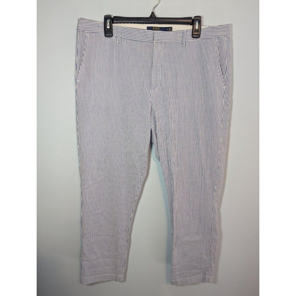 Polo Ralph Lauren Womens Blue White Striped Seersucker Nautical Ankle Pants 14